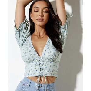 Motel Rocks Romana Crop Top In Pretty‎ Petal Green Plunge V Neck EUC Size XS